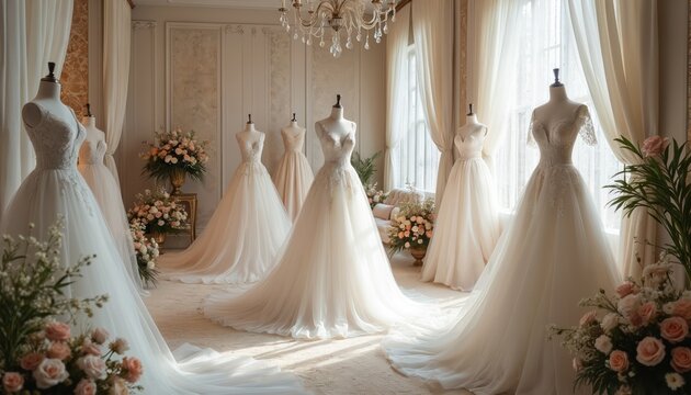 Elegant bridal boutique displays wedding gowns on mannequins. Lace curtains and floral arrangements create romantic atmosphere. Plush fitting area offers luxurious bride shopping experience.