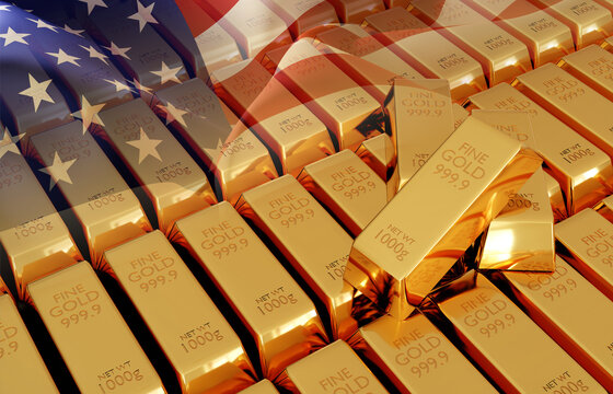 Gold trading, gold bars with USA flag. Business and finance concept