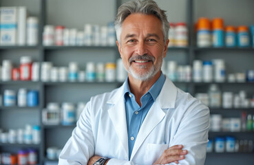 Fototapeta premium Confident senior male pharmacist stands with arms crossed in drugstore. Mature grey-haired doctor in white coat smiles at camera. Pro medical worker poses in pharmacy near shelves with medicine,