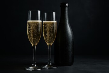 Sparkling champagne flutes with chilled bottle on dark elegant backdrop celebratory mood
