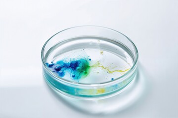 Petri dish featuring liquid with dissolving color pigments and particles on a white surface.