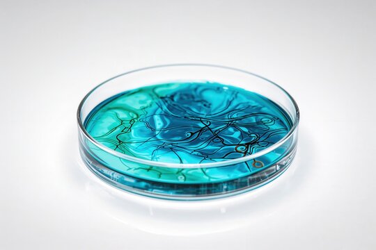 An artistic petri dish composition featuring abstract turquoise and dark lines design swirls.