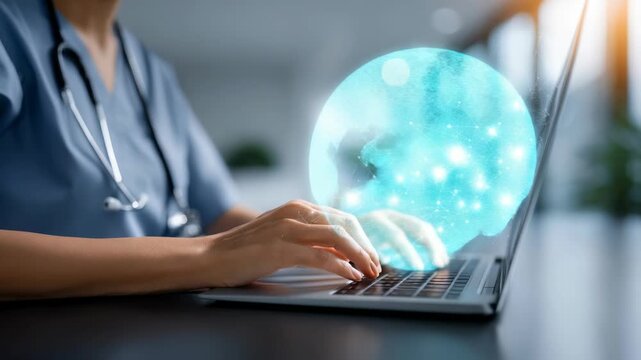 A medical worker types on a laptop, with glowing digital connections representing advanced healthcare technology. The image highlights innovation, digital transformation, and data driven medicine - Powered by Adobe