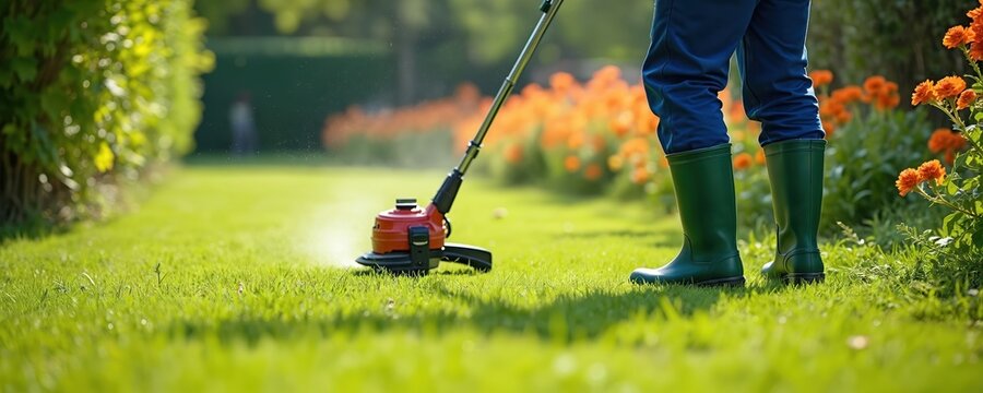 Man trims green grass with red string trimmer in a sunny garden. Person wears blue pants and green boots working outdoors near orange flowers. Lawn maintenance in suburban backyard.