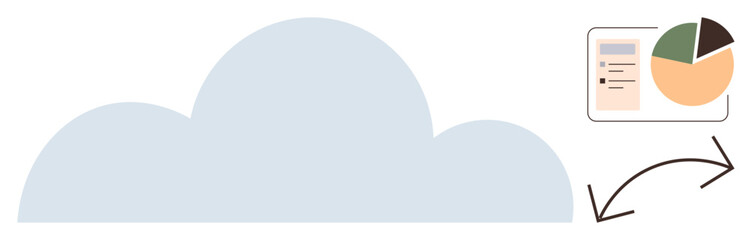 Large cloud shape linked with pie chart, checklist, and arrows highlighting data exchange. Ideal for technology, data storage, application integration, digital solutions, file sharing, analytics
