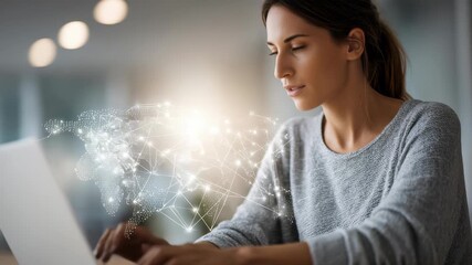 Focused female professional using a laptop, illuminated by glowing network connections representing data and connectivity. Inspiring scene of digital transformation and remote work - Powered by Adobe