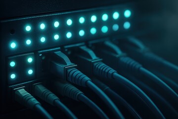 Futuristic server panel glows with status lights and network cables in cool blue haze