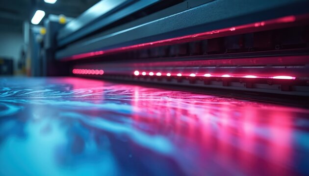 Large format printer produces print material. Modern printing machine uses pink LED light for process. Abstract blue design produced in industrial workshop with professional printing equipment for
