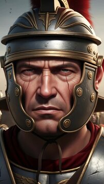 Close-up of a roman centurion man in a helmet and armor with a red plume, looking serious. Historical war concept footage.