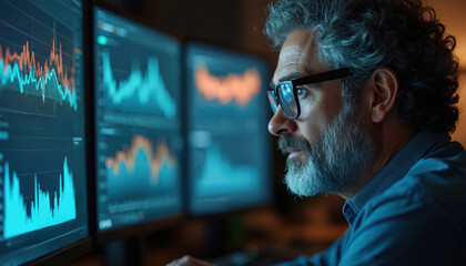 Man with glasses examines graphs on multiple computer screens. He works in dim light analyzing data with focus. Modern tech setup for analysis.