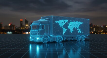 Holographic semi-truck with digital world map: global logistics and future of connected supply chains at night