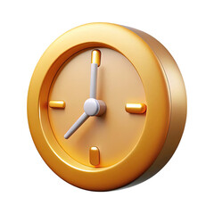 A close up of a golden analog clock with a light brown face and white hands isolated on transparent background