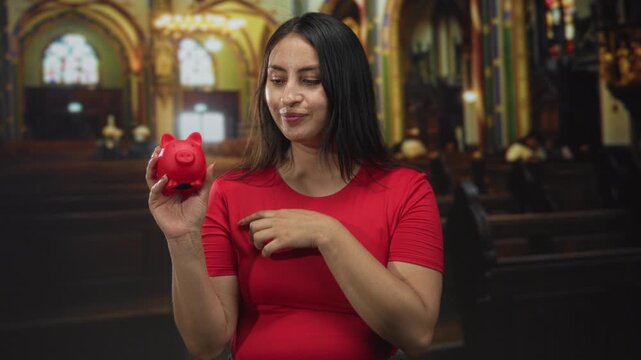 Young hispanic woman smiling while holding a red piggy bank and pointing index finger toward church pews inside a building; generosity savings faith.