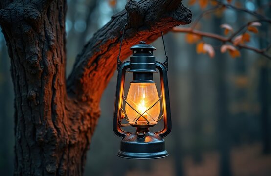 Old kerosene lantern hangs from a tree branch in a forest at dusk. Its warm light illuminates the dark woods and autumn leaves. This vintage lamp provides ambient light. - Powered by Adobe