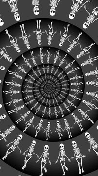 Seamless vertical video of swirl of psychedelic walking skeletons in catwalk printed drawn style cartoon. Hypnotic halloween background with marker stroke effect.