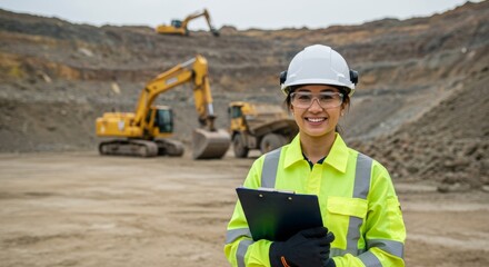Confident young female engineer smiling in hard hat and high-visibility vest at an active mining or quarry site with heavy machinery