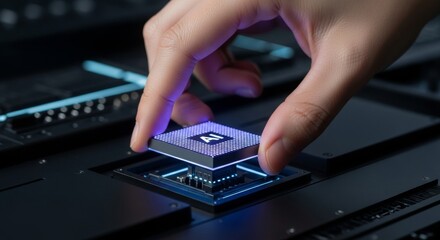 Human hand installs ai processor microchip onto computer motherboard with glowing effect