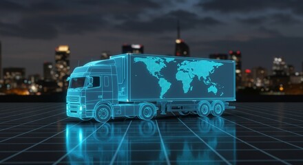 Global digital logistics: futuristic wireframe truck with world map on a cyber grid reflecting a modern city night