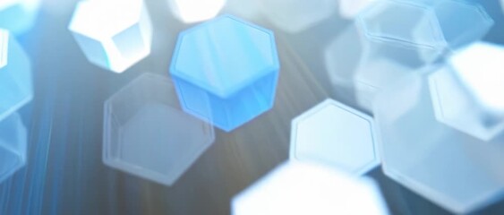 Abstract hexagonal shapes float with vibrant light rays and lens flares. This dynamic background offers a futuristic and energetic visual experience. - Powered by Adobe
