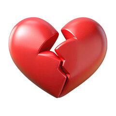 A realistic 3d rendered red heart symbol broken in two pieces isolated on transparent background