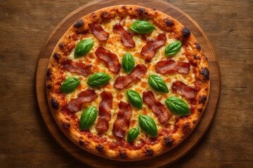 Overhead rustic bacon pizza on wooden board with melted cheese and fresh herbs