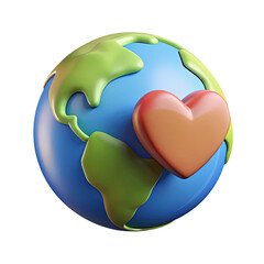 Stylized 3d earth globe with a warm orange heart symbol placed on its surface isolated on transparent background