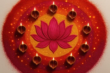 Festival of lights with floating lotus rangoli patterns and glowing clay oil lamps