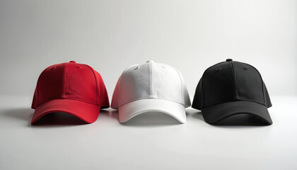 Three blank baseball caps neatly displayed on bright white background, side by side. Red, white, black hats arranged in perfect row. Plain sport headwear pieces ready for custom branding uniform