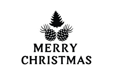 Merry Christmas Typography Vector Illustration with Pine Cones and Tree Silhouette
