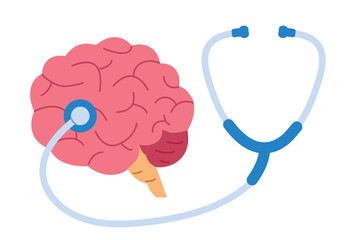 human brain connected with a stethoscope, symbolizing mental health, psychology, and medical care, neurological examination, stress diagnosis, and mind–body connection- vector illustration