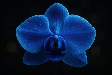 Naklejka na ściany i meble Cobalt blue orchid macro petals with dew drops elegant botanical fine detail 8k