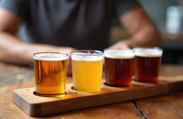 Four glasses of craft beer sit on a wooden board. A person is visible in the background at a pub or brewery tasting different ale varieties. Refreshing drinks served.