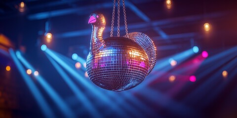 Funny Thanksgiving Disco Ball Turkey with Party Lights and Colorful Stage Lighting. Thanksgiving Party.