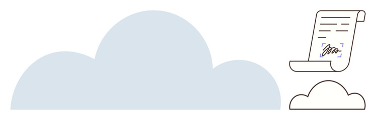 Large cloud shape beside a signed online document on a smaller cloud. Ideal for digital innovation, cloud computing, e-signatures, data storage, technology integration, remote work, simple flat