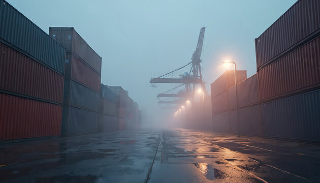 Foggy industrial scene shows stacked shipping containers plus cranes at port. Represents logistic transport with urban architecture, heavy machinery. Shows chain supply, freight operation in harbor.