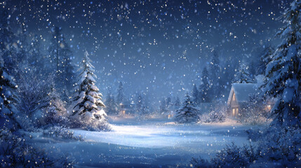 Beautiful christmas night scene with snow-covered trees, warm lights, and a serene winter landscape.
