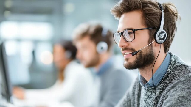 Smiling male call center agent wearing glasses and headset communicates with customers, ensuring satisfaction and support. Colleagues work in the background, highlighting teamwork and productivity