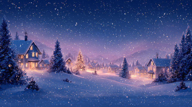 Beautiful christmas night scene with snow-covered trees, warm lights, and a serene winter landscape. - Powered by Adobe