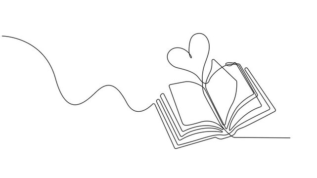 Continuous drawing line art of open book. Hand drawn one line. 4k animation, stock footage, Book continuous one line art animation. Line drawing open book video. School education concept, Full length.