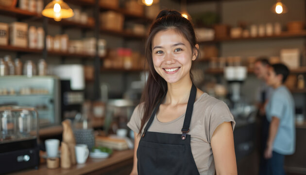 Young smiling Asian woman works in modern coffee shop. Barista serves customers, manages cafe business. Small business owner happy in job. Employee in hospitality industry enjoys daily work routine,