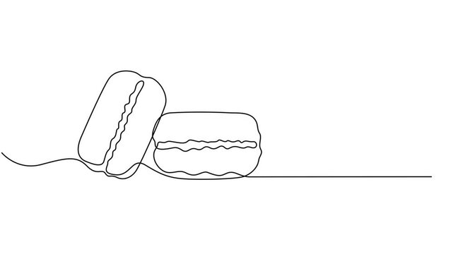 Macaroons cookies single line animated illustration. One continuous self drawing line animation, footage of yellow and blue macaroons, macaroons continuous one line drawing animation