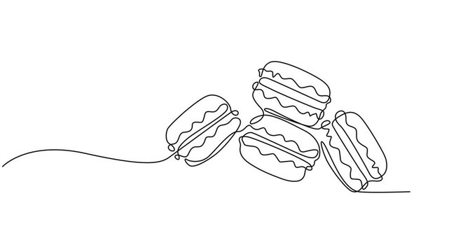 Macaroons cookies single line animated illustration. One continuous self drawing line animation, footage of yellow and blue macaroons, macaroons continuous one line drawing animation