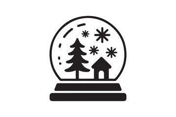 Simple black and white icon of a snow globe with a tree and house