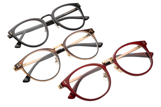 Four pairs of stylish eyeglasses in different colors isolated on transparent background