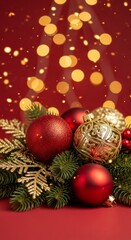 Festive red and gold christmas ornaments with sparkling bokeh background