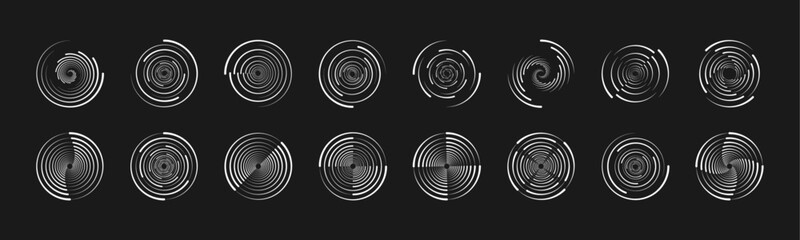 Large set of halftone dots in the shape of a circle on a black background. Dotted circle, vintage abstract dot halftones frames and random dots circles. Spiral Vector Illustration.	