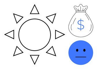 Black-outlined sun, blue money bag with dollar sign, and neutral blue face. Ideal for finance, energy, emotion, sustainability, resource management simplicity and abstract concepts. Minimal flat