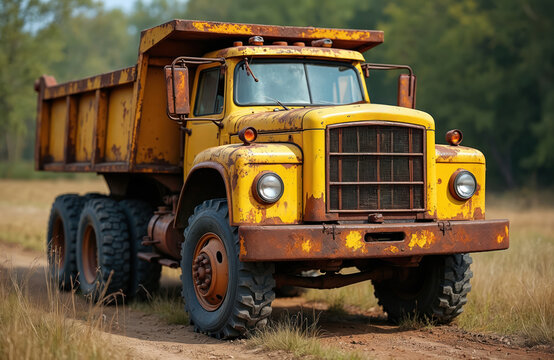 Old yellow dump truck on country road. Rusty vintage industrial lorry with corrosion, peeling paint. Abandoned heavy machinery for construction transport. Classic vehicle from past, forgotten in - Powered by Adobe
