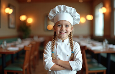 Young girl wears chef uniform and hat. She stands with arms crossed in restaurant dining room. Child smiles in professional kitchen attire, dreaming of culinary career.