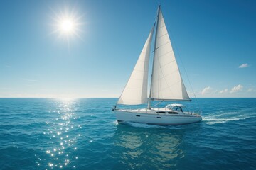 Elegant white sailing yacht cutting through turquoise sea under clear horizon panorama